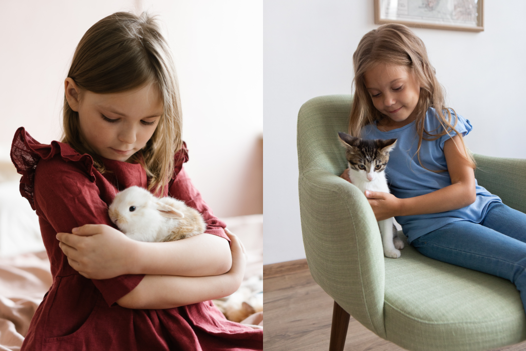 Pet Therapy: approcci e benefici degli amici a 4 zampe; Due bambine con gli animali: una con un coniglio in braccio e l'altra che accarezza un gattino.